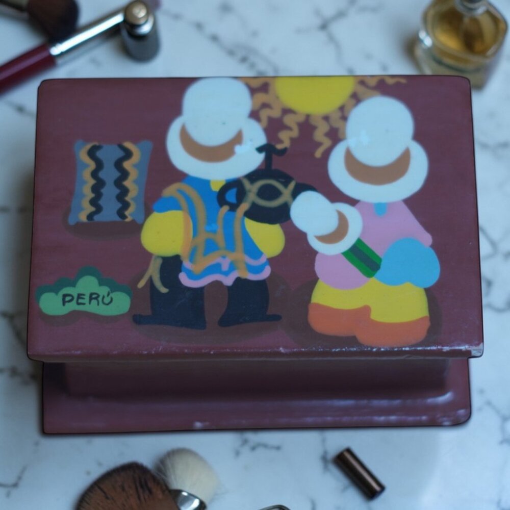 Handpainted Wooden Trinket Box | Folk Art | Marked Peru Folk Art Collectible